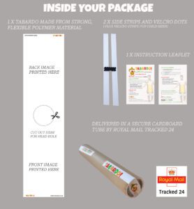 Informational graphic showing what’s included in the package: one tabard made from strong, flexible polymer material, side strips with Velcro dots (plus extra strips for child sizes), and an instruction leaflet, all delivered in a secure cardboard tube via Royal Mail Tracked 24.