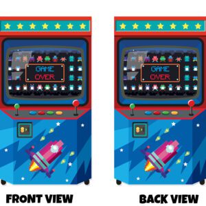 Front and back view of a bright, retro arcade machine design full of classic gaming charm. The design shows a colourful, old-style arcade machine standing upright. The machine is mainly bold red and deep blue, with clean edges and a slightly boxy shape that feels sturdy and nostalgic. At the top is a decorative strip with a row of yellow stars set against a teal background, giving it a fun, vintage arcade look. In the centre is a large screen framed in dark blue. On the screen, there’s a pixel-style display showing rows of tiny, colourful alien-like characters, reminiscent of classic space games. In the middle of the screen, the words “GAME OVER” appear in bold, blocky letters, like an old arcade game ending. Below the screen are the controls: a small joystick with a round top and a row of brightly coloured buttons in red, green, yellow, and blue. These are arranged neatly and are easy to imagine pressing. On the lower half of the machine is a space-themed illustration. A pixel-style rocket ship blasts upward with flames trailing behind it, surrounded by small stars and simple geometric shapes, reinforcing the retro gaming theme. The overall style is bold, playful, and nostalgic, with bright colours and simple shapes that echo classic arcade games. Both the front and back show the same design, creating a consistent, eye-catching look from every side—like being wrapped in a vintage arcade experience.