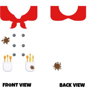 Front and back view of a simple, playful chef-themed design. On the front, the design is arranged to look like a fun chef outfit. At the top, there is a bright red neckerchief tied in a knot, spreading out like a wide collar. Below it are small, round, dark buttons placed in neat rows, suggesting the front of a chef’s jacket. Near the bottom are two small pockets. Inside the pockets are kitchen utensils—such as a spoon, fork, and spatula—in warm yellow and orange tones. One pocket has a playful brown splatter, like a food stain, adding a humorous, messy cooking touch. Another splatter appears slightly higher up, reinforcing the idea of a busy chef at work. The overall background is plain and light, making the red scarf, dark buttons, and colourful utensils stand out clearly. On the back, the design is much simpler. At the top is the same red collar shape, but without the tied knot. Lower down, there is a single brown splatter, echoing the messy cooking theme from the front. Both sides together create the impression of wearing a light-hearted, slightly messy chef outfit, with the front showing the full detail and the back keeping it minimal.
