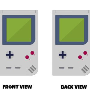 Front and back view of a simple, retro handheld game console design. The design is based on a classic handheld gaming device, with a clean, rectangular shape and slightly rounded corners. The body is a soft grey colour, giving it a neutral, plastic-like appearance. At the top is a large square screen area, filled with a flat green tone, suggesting an old-style display. Around the screen is a darker border, helping it stand out from the rest of the device. Below the screen on the front, there is a cross-shaped directional pad on the left side, which would be used to move characters or controls in a game. On the right side are two small round buttons, coloured in a reddish tone, labelled “A” and “B.” Near the bottom are two small horizontal buttons and a speaker area with a set of diagonal lines, representing where sound would come from. The overall layout is tidy and symmetrical, with everything placed in a familiar and easy-to-understand arrangement. Both the front and back views show the same design, keeping it consistent and giving the feel of a classic, nostalgic gaming device from every side.
