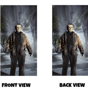 Front and back view of a dark, slasher-style design featuring a tall, imposing figure wearing a worn hockey mask with small eye holes and subtle red markings. The figure stands in the middle of a rain-soaked path at night, dressed in tattered, heavy clothing that appears weathered and rugged. Dim lighting, falling rain, and shadowy trees in the background create a cold, tense atmosphere, giving the design a gritty, ominous, and classic horror feel.