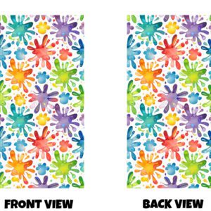 Front and back view of a vibrant, artistic pattern featuring colourful paint splashes scattered across a clean white background. The design is filled with playful, irregular paint splat shapes in a wide range of bright colours, including red, orange, yellow, green, blue, and purple. Each splatter looks like it has been flicked or dropped onto the surface, with soft, rounded edges and small droplets extending outward, giving a lively sense of movement. The colours blend slightly within each splash, creating a soft, watercolour-like effect with gentle gradients and a glossy, almost wet appearance. Smaller dots and droplets are scattered between the larger splashes, adding extra detail and energy to the pattern. Both the front and back share the same repeating layout, making the design feel consistent, bold, and full of creative expression. Overall, it has a fun, messy, and artistic feel—like a burst of colour frozen in motion.