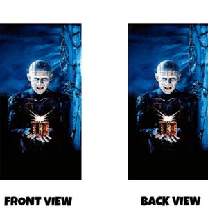 Front and back view of a dark, intense horror-style design featuring a pale figure with a grid of pins embedded across the head, standing in a cold, blue-lit environment with hanging chains in the background. The figure holds a small ornate box that emits a bright, glowing light, drawing focus to the centre of the design. The contrast between the harsh shadows, metallic elements, and the eerie glow creates a chilling, supernatural atmosphere with a sinister and iconic presence.