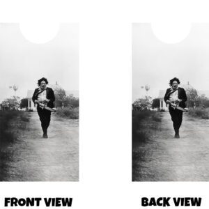 Front and back view of a black-and-white horror-style design featuring a menacing figure running down a rural dirt road while holding a chainsaw. The scene has a grainy, vintage film look, with a farmhouse and windmill faintly visible in the background, creating a tense, cinematic atmosphere. The monochrome tones and motion of the figure give the design a gritty, unsettling, and classic horror feel.