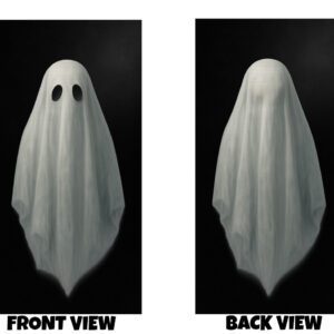 Front and back view of a simple spooky design featuring a classic white ghost with soft flowing edges and dark oval eyes on the front, and a smooth draped sheet look on the back, set against a dark background for a clean and eerie appearance.