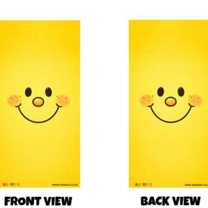Front and back view of a bright yellow design featuring a simple smiling cartoon face with rosy cheeks and a cheerful expression.