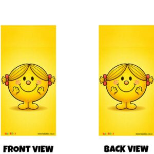 Front and back view of a bright yellow design featuring a cute, round cartoon girl character with pigtails and a cheerful expression. Little Miss Sunshine