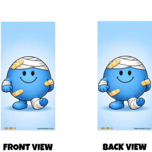 Front and back view of a bright blue design featuring a cheerful round cartoon character covered in bandages and plasters, with a big friendly smile and playful expression, set against a soft gradient background for a fun and light-hearted look. Mr Bump