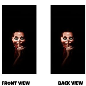Front and back view of a dark garment design featuring a ventriloquist-style doll with glowing eyes holding a finger to its lips in a “shh” gesture, set against a black background. Billy from the film Dead Silence