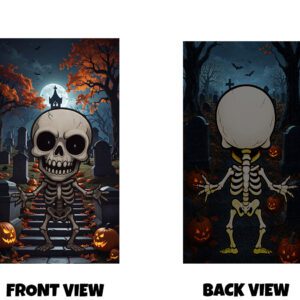 Front & Back of a cartoon-style skeleton standing in a graveyard scene with pumpkins, a church silhouette, and a full moon in the background.