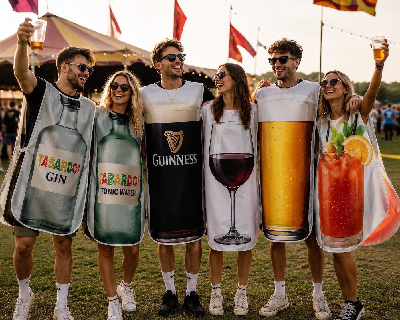 6 grown up party gowers at a festival, all wearing various alcohol related tabardos depicting various drinks