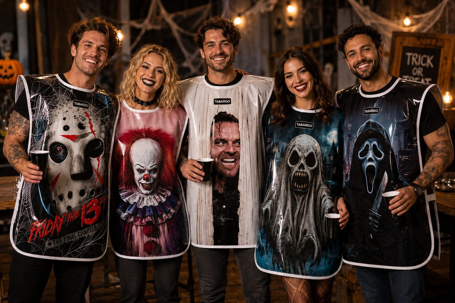 3 grown men and 2 grown women all wearing horror themed tabardos at a halloween party