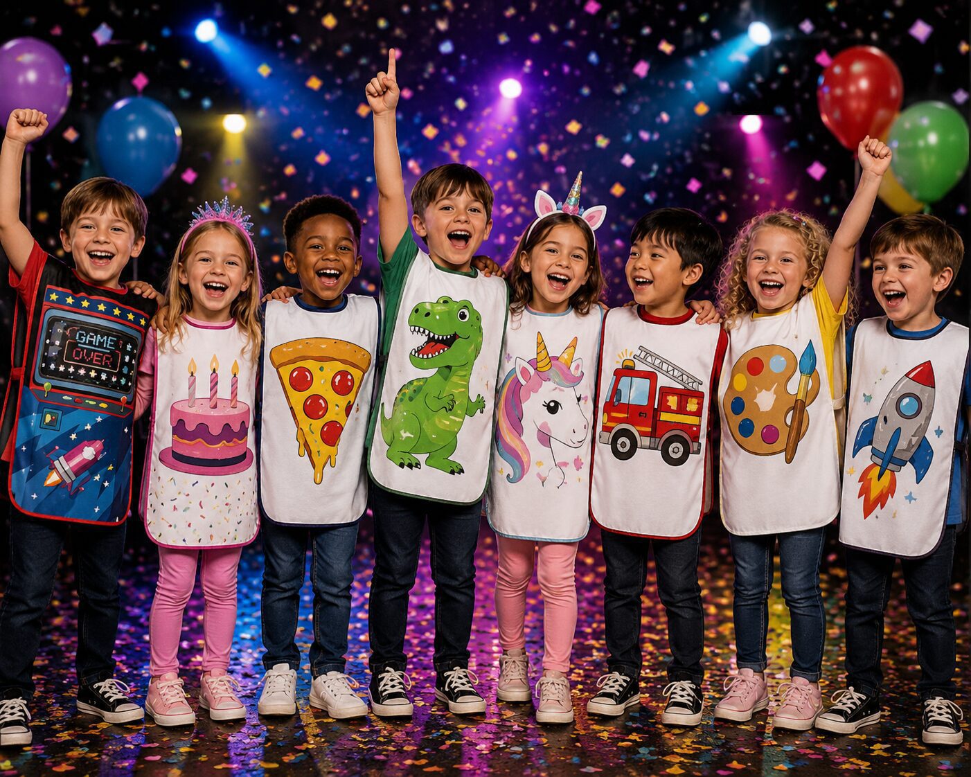 Large group of small children and toddlers all wearing various Wipe-clean tabards for messy activities